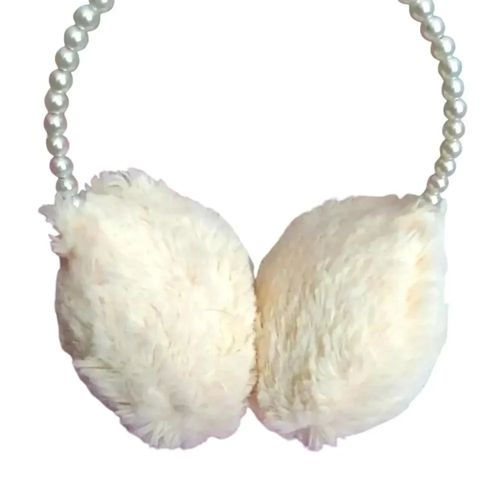 Cat & Jack White Faux Fur Fuzzy Pillow Pearl Headband Earmuff Girls One‎ Size